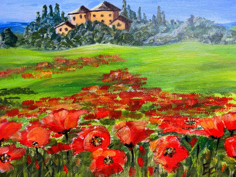 Landscape Tuscany Poppies Painting Original Art zdjęcie 7