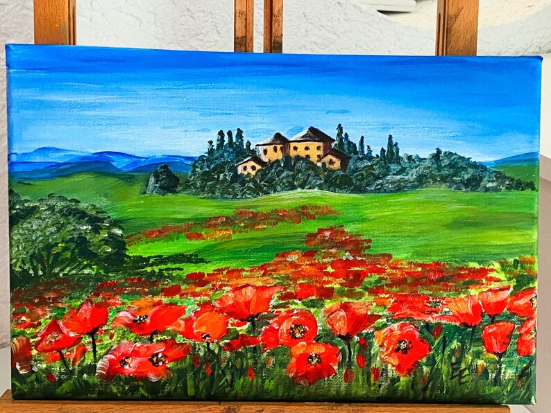 Landscape Tuscany Poppies Painting Original Art zdjęcie 1