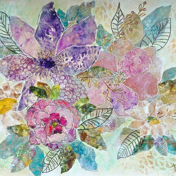 Tableau collage peinture originale sur châssis entoilé bouquet de fleurs « RÊVERIE D'ABEILLE »