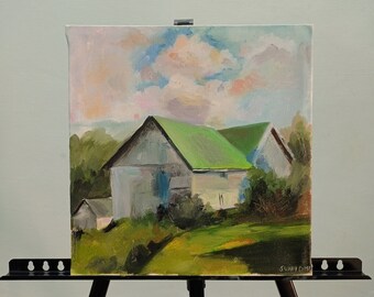 Oil painting, 12"x12" inches oil on canvas, Countryside houses oil painting, Home decor, wall hanging