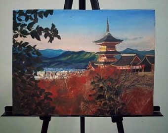 KYOTO(京都府) Oil painting on 12"x16" inches Hardboard, Kyoto prefecture oil painting, Japan, Home decor, wall hanging