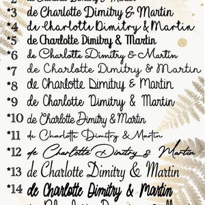 May include: A list of 16 numbered items, each with the text "de Charlotte Dimitry & Martin". The text is written in a cursive font and is black on a white background.