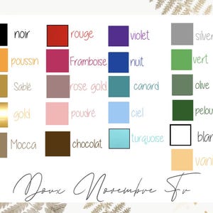 May include: A color palette chart featuring various color swatches with French color names. Colors include black, red, violet, silver, gold, pink, and more. The text "Doux Novembre Fr" is written in cursive at the bottom.