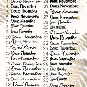 May include: A collection of 42 variations of the phrase "Doux Novembre" in various fonts and styles, arranged in a grid. The text is primarily black, with some instances in a more stylized script. The background has a soft, neutral tone.