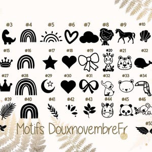 May include: A collection of 50 black and white graphic designs, including animals, shapes, and symbols. Designs include a bat symbol, fox, dinosaur, rainbow, sun, heart, cloud, lion, horse, anchor, and baby bottle. The text "Motifs DouxnovembreFr" is also present.