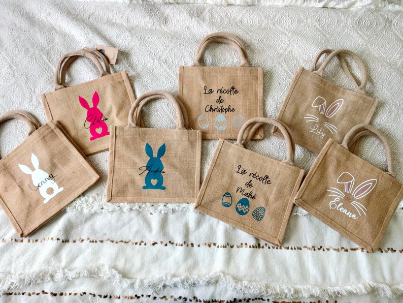 Sac de Pâques personnalisé, Panier de Pâques pour enfants, Sac en toile de jute, Oeufs de Pâques, Pâques image 2