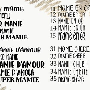 May include: A black and white image with a list of numbers 1 through 40. Each number is followed by a phrase in French, such as "Super Mamie" or "Mamie d'Amour".