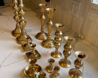 assorted brass candlestick holders/sold separately/perfect for weddings/bridal showers/baby showers/home decor made in india varying height