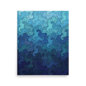 May include: A digital illustration of a repeating pattern of blue seahorses. The seahorses are arranged in a gradient pattern, with the lightest blue at the top and the darkest blue at the bottom.