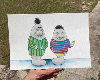Bert and Ernie manatee original painting, Sesame Street manatee art, manatee watercolor painting, watercolor manatee art