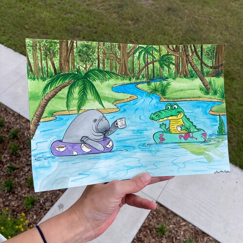 Good morning on the river, shops manatee watercolor original painting, alligator and manatee watercolor painting, watercolor manatee river art