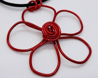 Statement flower necklace, red chunky pendant, funky necklace, big poppy necklace for women, unique handmade wire jewellery UK