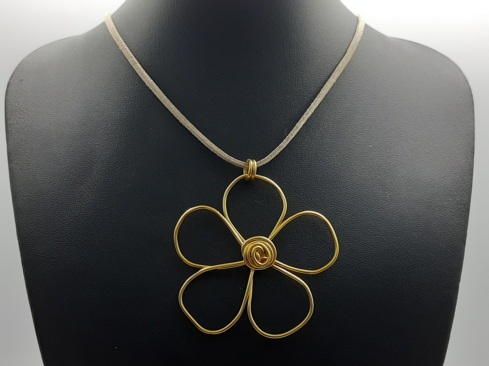 Funky R Gold Chain Chunky Gold Flower Necklace, Funky Gold Pendant on Neutral Suede Cord ...