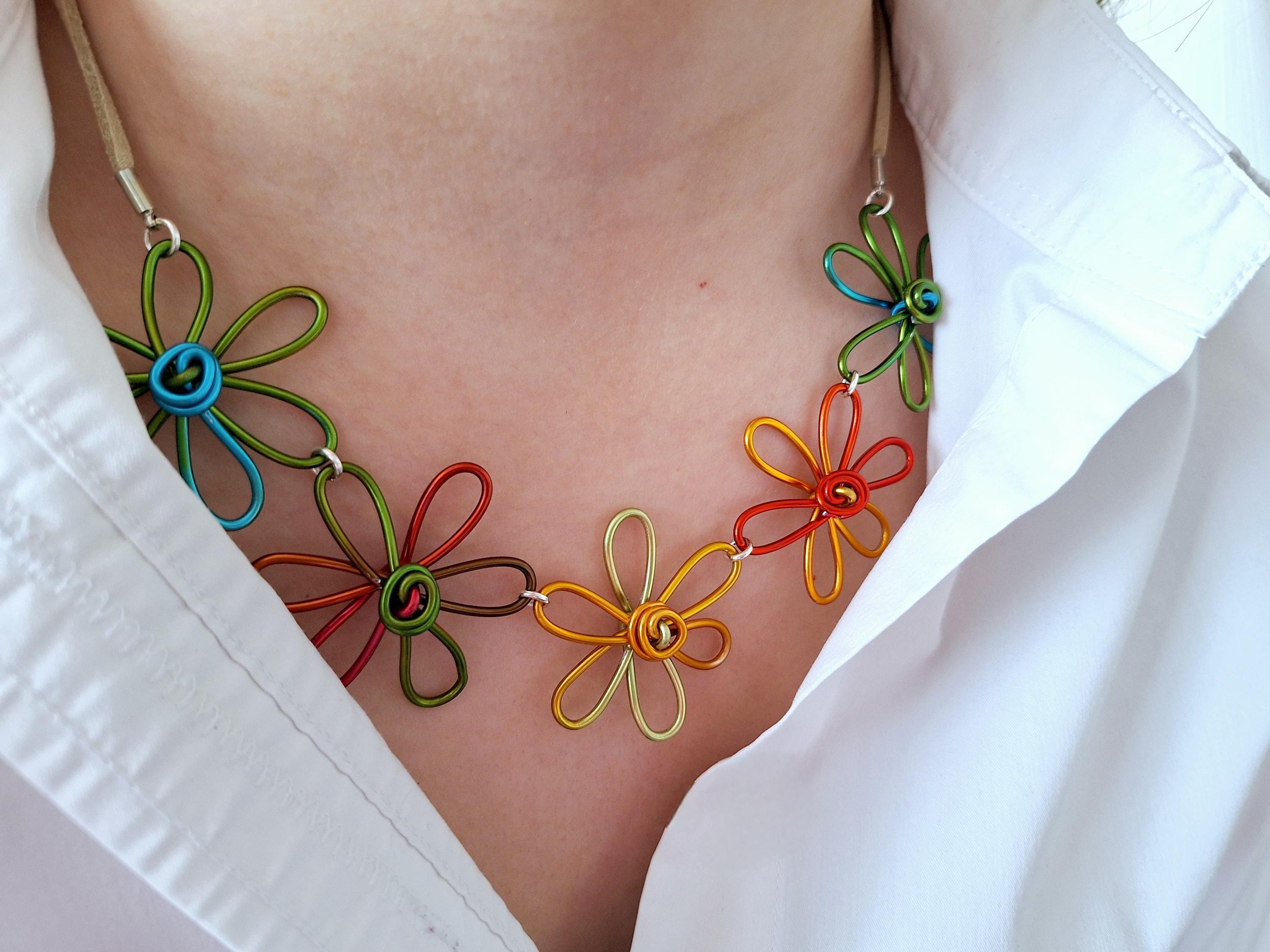 Multicoloured chunky flower necklace, handmade statement bib choker,…