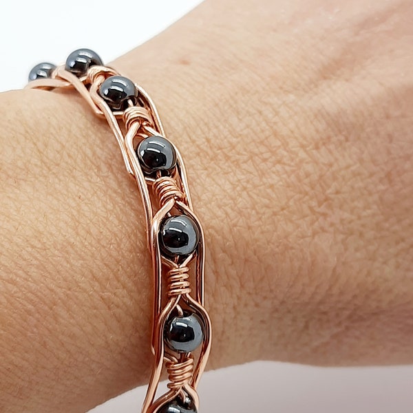 Copper bracelet with hematite, arthritis bracelet for women, braided wire bracelet, chunky gemstone bracelet, handmade copper jewellery UK