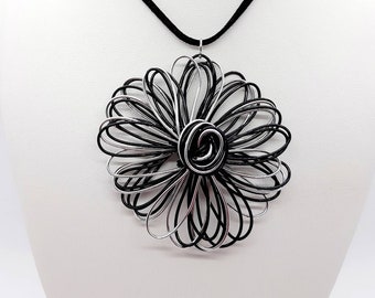 Statement large flower necklace, black and silver pendant, funky flower choker, monochrome accessory, unique handmade jewellery gift UK
