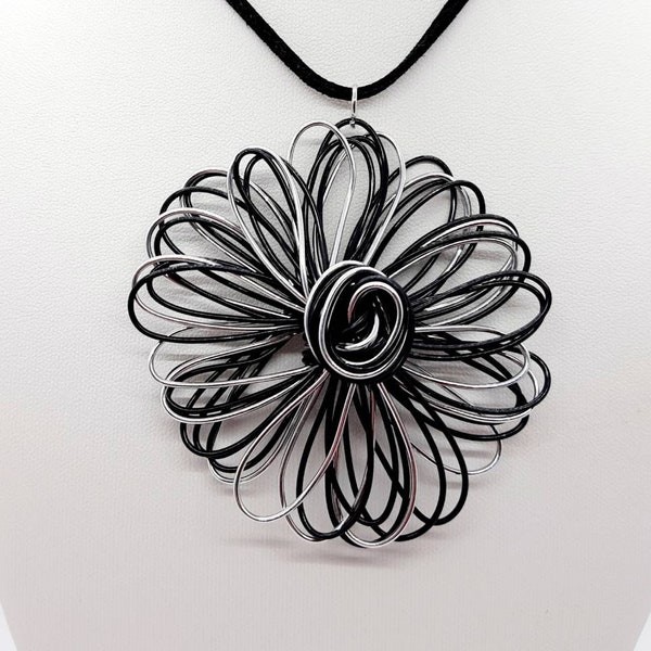 Statement large flower necklace, black and silver pendant, funky flower choker, monochrome accessory, unique handmade jewellery gift UK