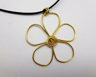 Chunky gold flower necklace, funky gold pendant on a cord, statement big gold necklace, unusual handmade jewellery for women UK