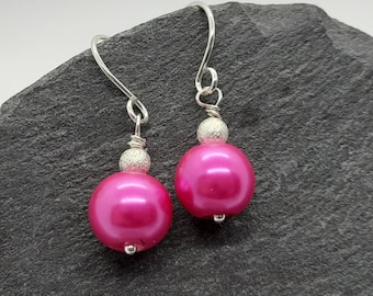 Sterling silver hot pink drop earrings, bright pink pearl earrings, fuschia dangle earrings, unique handmade gift for women UK