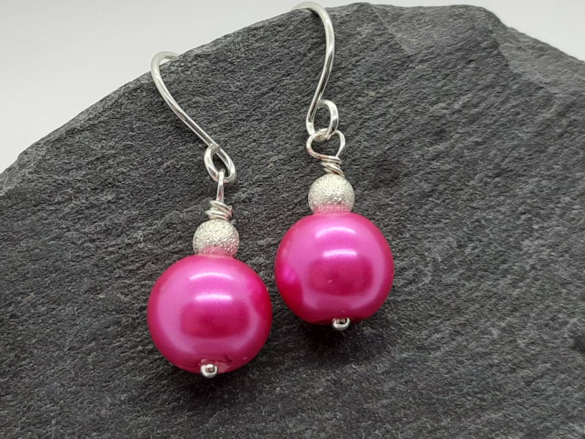 Silver Geometric Drop Earrings with Hot Pink Mink — Cindy Borders Jewelry