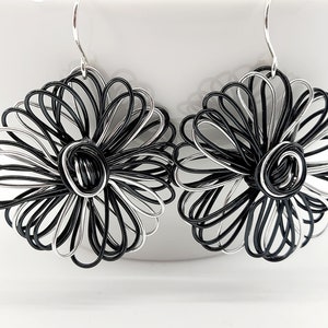 Statement black and silver earrings, big flower earrings, monochrome dangle earrings, handmade jewellery for women uk
