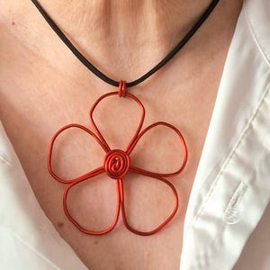 Statement chunky red flower necklace, bold floral pendant on cord, unique handmade jewellery gift for her UK