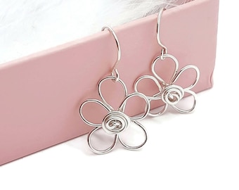 STERLING SILVER daisy drop earrings, funky flower dangle earrings, forget me not earrings for women, unique handmade jewellery uk