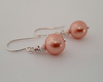 Sterling silver peach pearl drop earrings, pretty light orange faux pearl dangle earrings, unique handmade jewellery gift for women UK