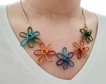Statement bib necklace, funky flower necklace, colourful daisy choker, quirky multicolour necklace, unique handmade jewellery for women UK