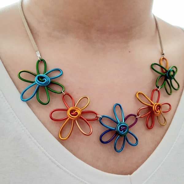 Statement bib necklace, funky flower necklace, colourful daisy choker, quirky multicolour necklace, unique handmade jewellery for women UK