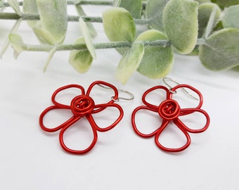 Big red earrings, funky flower earrings, red rose earrings, quirky dangle earrings, handmade jewellery, unique gift for women uk