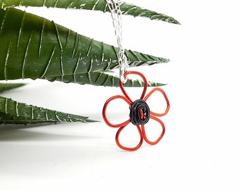 Red poppy necklace on a sterling silver chain, cute flower charm pendant, quirky floral necklace for women, unique handmade gift uk