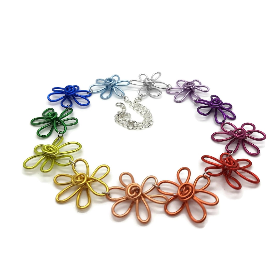 Statement Floral Necklace, Rainbow Flower Garland Necklace, Daisy Chain