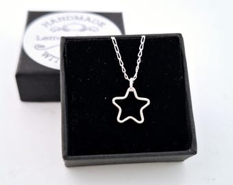 STERLING SILVER open star necklace, minimal celestial pendant, simple everyday necklace, handmade jewellery gift for her UK