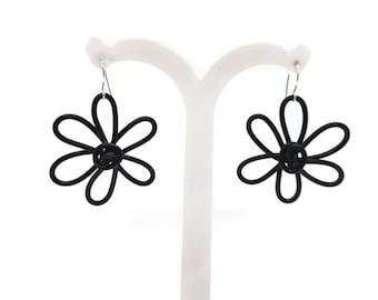 Statement big black flower earrings, funky earrings for women, chunky daisy dangle earrings, quirky handmade jewellery uk