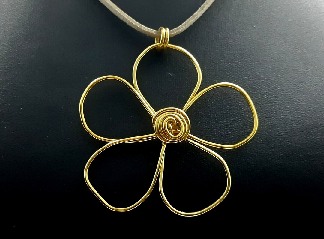 Funky R Gold Chain Chunky Gold Flower Necklace, Funky Gold Pendant on Neutral Suede Cord ...