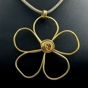 Chunky gold flower necklace, funky gold pendant on neutral suede cord, statement big gold necklace, unusual handmade jewellery for women UK