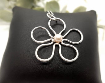 Sterling silver and pearl flower necklace, large contemporary silver pendant, statement handmade jewellery UK