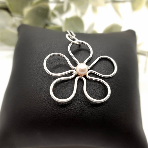 Sterling silver and pearl flower necklace, large contemporary silver pendant, statement handmade jewellery UK