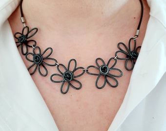 Statement black flower necklace, funky floral bib necklace, black rose choker, quirky daisy collar, unique handmade jewellery UK