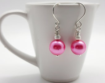 Sterling silver pink pearl drop earrings, pretty bubblegum pink faux pearl dangle earrings, unique handmade jewellery gift for women UK