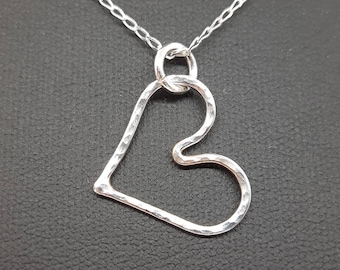 Sterling silver heart necklace, handmade open heart pendant, minimalist silver jewellery gift for her, rustic hammered heart