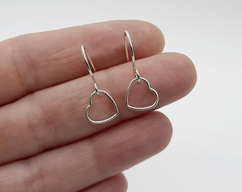 STERLING SILVER heart earrings, dainty heart drop earrings, tiny dangle earrings, boxed gift for her under 20, handmade jewellery uk