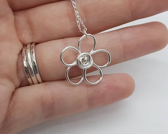 Handmade STERLING SILVER flower necklace, cute daisy pendant, quirky forget me not necklace, unique jewellery for women uk