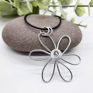 Big silver daisy necklace, funky flower necklace, statement silver necklace, pendant on a cord, handmade jewellery UK, unique gift for women