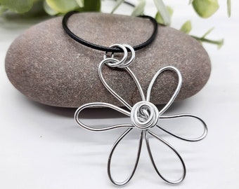 Big silver daisy necklace, funky flower necklace, statement silver necklace, pendant on a cord, handmade jewellery UK, unique gift for women