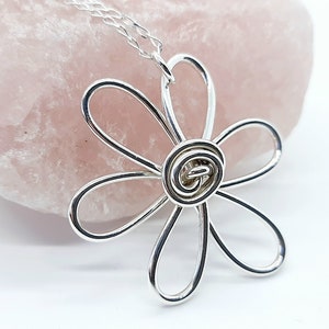 STERLING silver flower necklace, funky daisy necklace, chunky silver pendant for women, unique handmade jewellery uk
