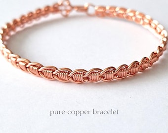 Pure copper woven bracelet for women, wire wrapped bangle, 7th anniversary gift for wife, handmade jewellery UK
