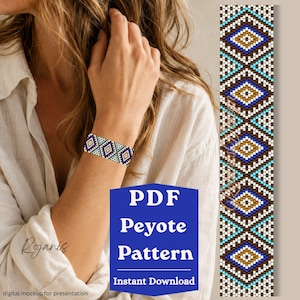 May include: A beaded bracelet featuring a geometric diamond pattern in shades of blue, gold, white, and turquoise. The design is presented as a PDF peyote pattern for instant download, showcasing a repeating motif of interconnected diamond shapes.