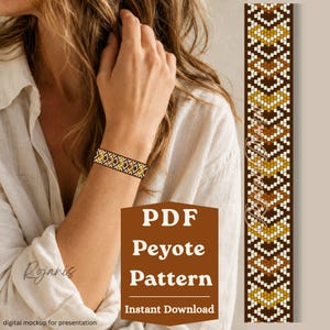 May include: A digital PDF peyote pattern featuring a geometric chevron design in shades of brown, tan, and cream. The pattern is displayed as a vertical strip and as a bracelet on a wrist, with the text PDF Peyote Pattern Instant Download.